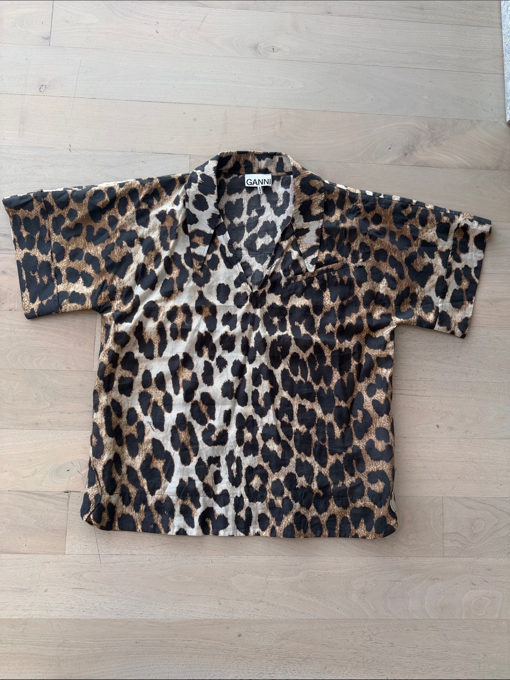 Ganni Leopard-Print Short Sleeve Oversized V-neck Tunic